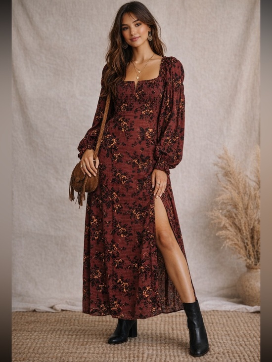 Free People Dresses & Skirts - Free People Jaymes Maxi Dress Burgundy Floral Smocked Long Sleeve 36437